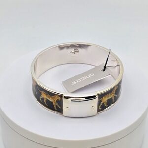 New! CHICO'S Luna Bracelet Tiger Print Wide Bangle Enamel Silver Tone New W Tags
